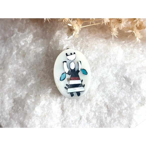 Zuni Inspired Gahn Dancer Oval Hand Crafted Vintage Costume Jewelry Brooch - Picture 2 of 11